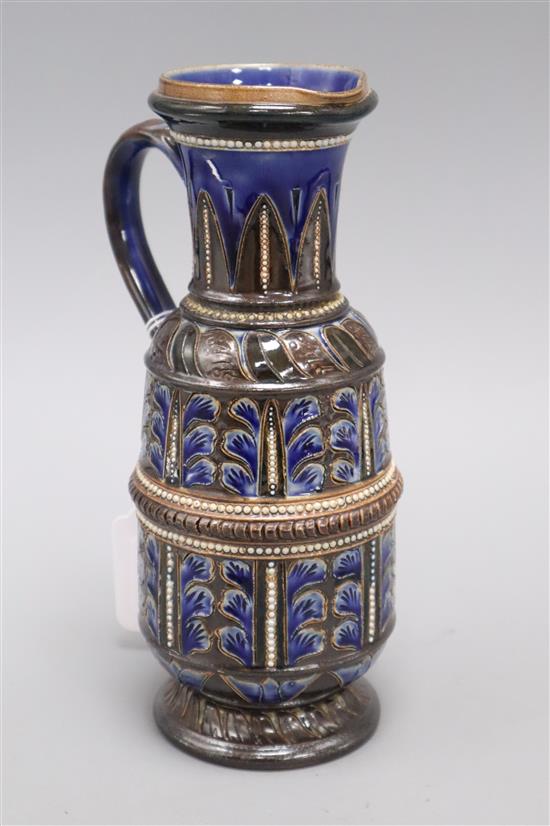 A Doulton Lambeth ewer by Elizabeth A Sayers, dated 1879